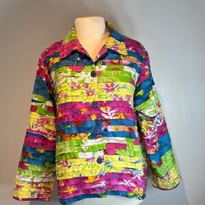 KEREN HART Button Down Jacket Cut and Sew Patchwork Floral Blue Pink size XL